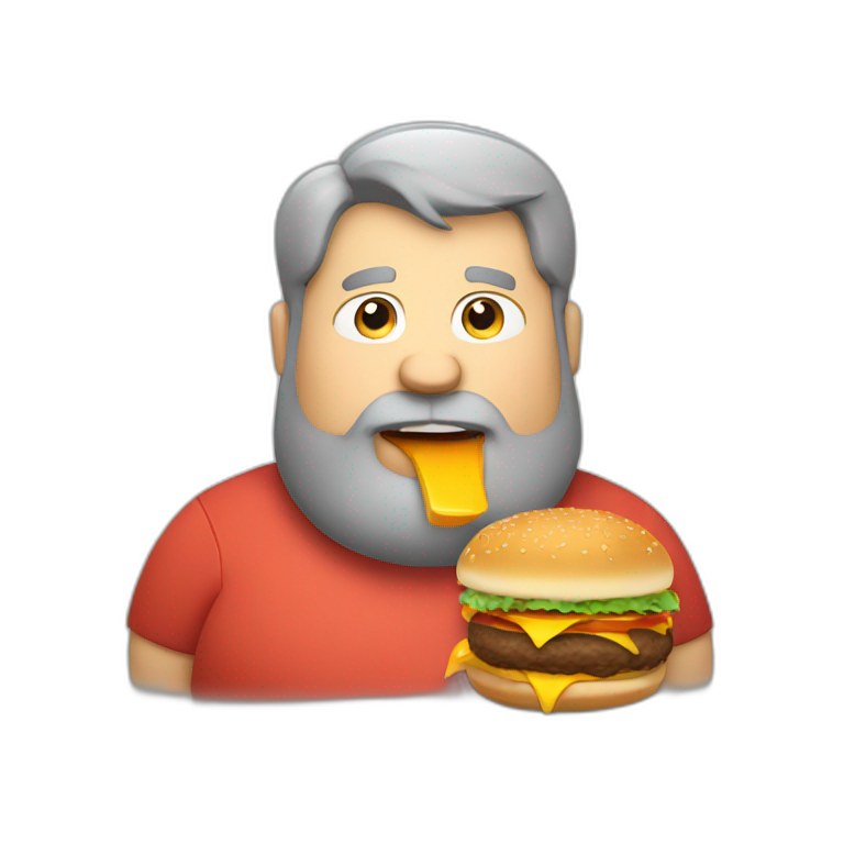 Fat man with grey short hair and a big beard eating a burger emoji