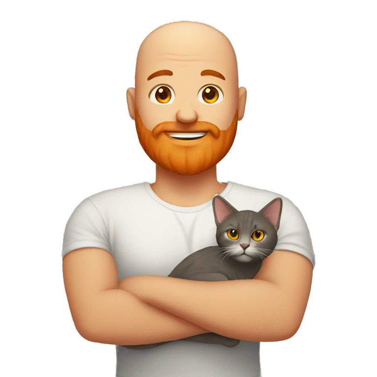 A bald man with a big orange beard holding a cat emoji