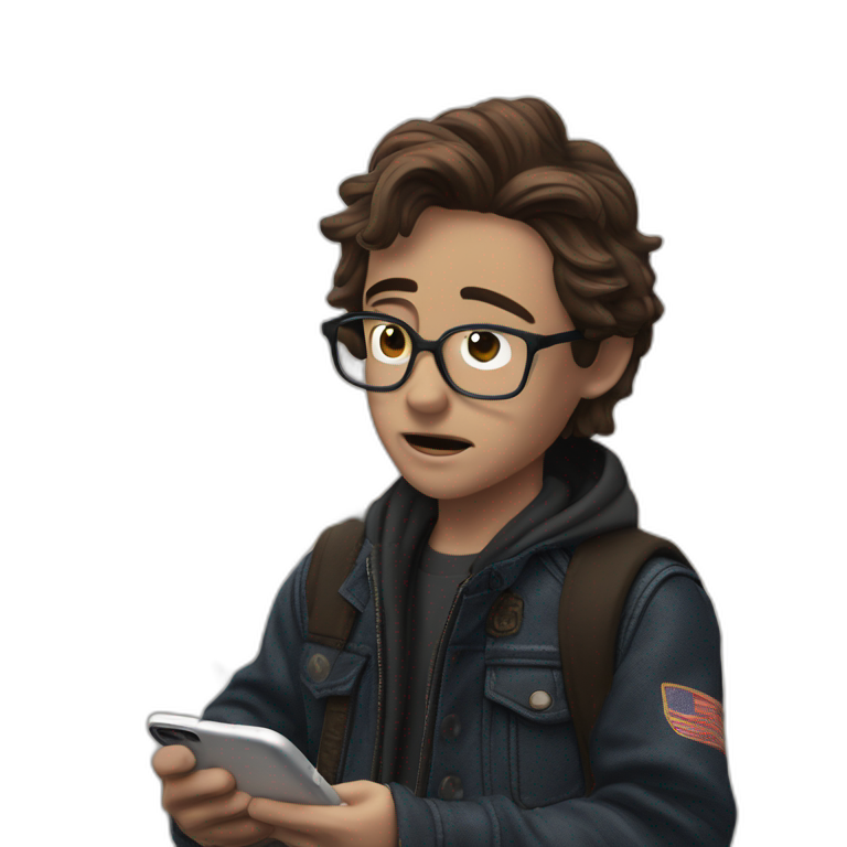 brown hair boy holding phone emoji