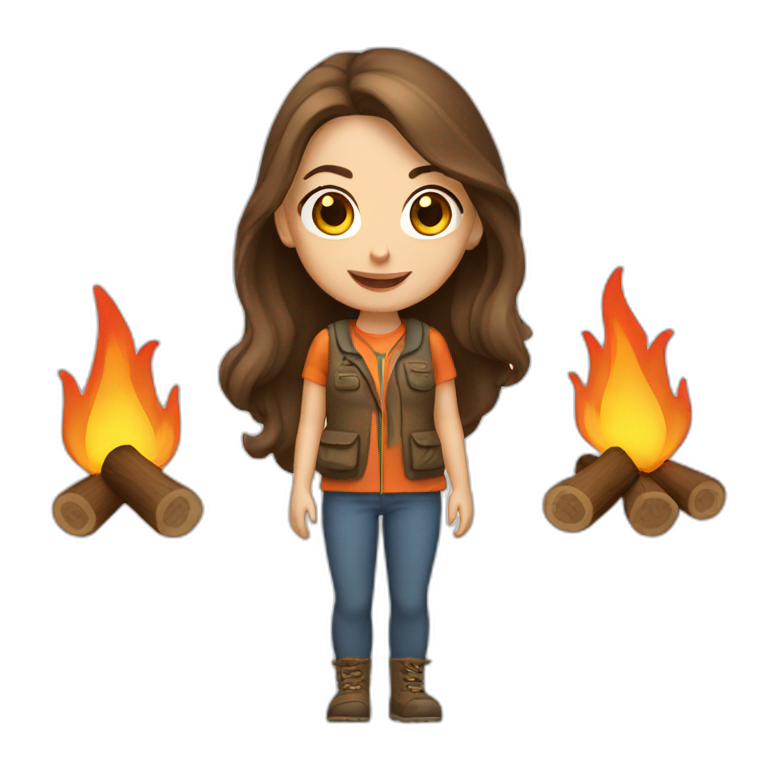 caucasian female camper with long brunette hair and campfire emoji