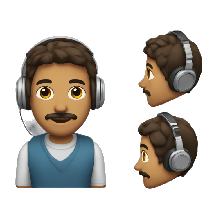 Make a brown man with mustache and with headphones and has mouth speaker and a computer and wearing a polo emoji