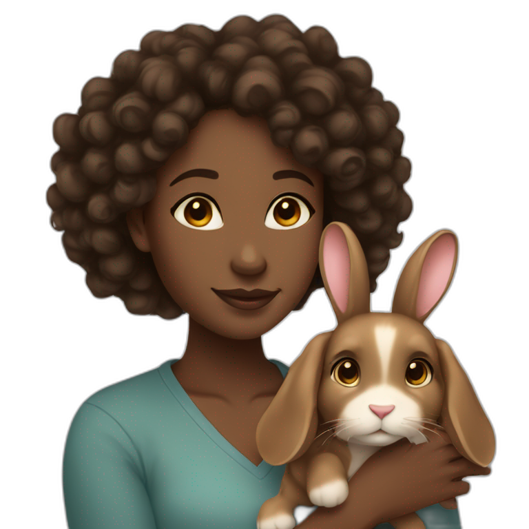 black woman long dark brown curly hair holding cute floppy eared light brown bunny emoji