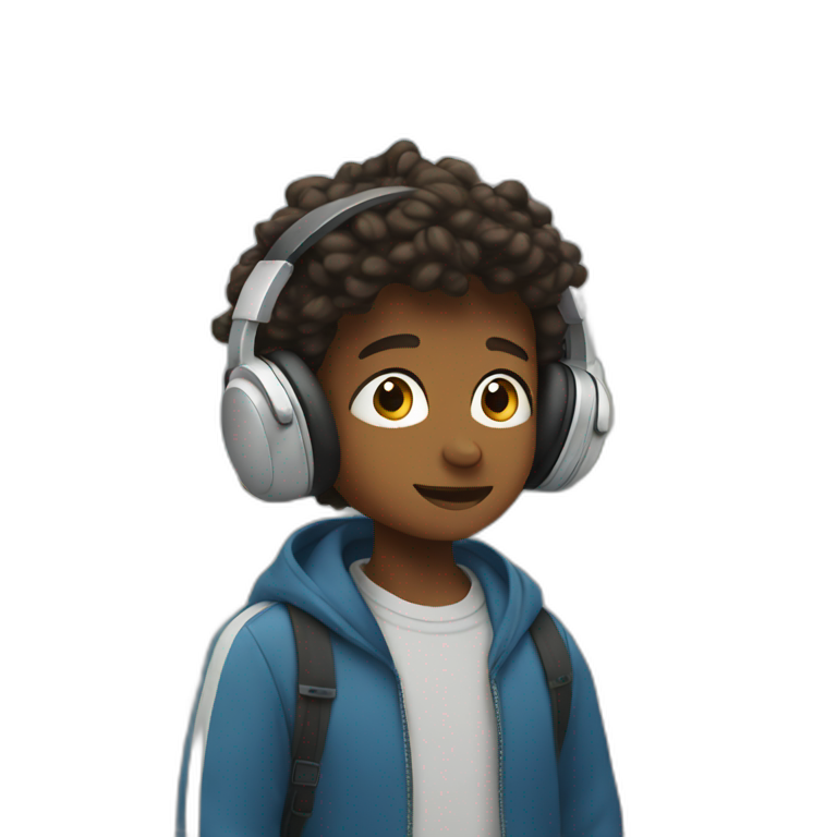 young boy listening to audio and travels the city emoji