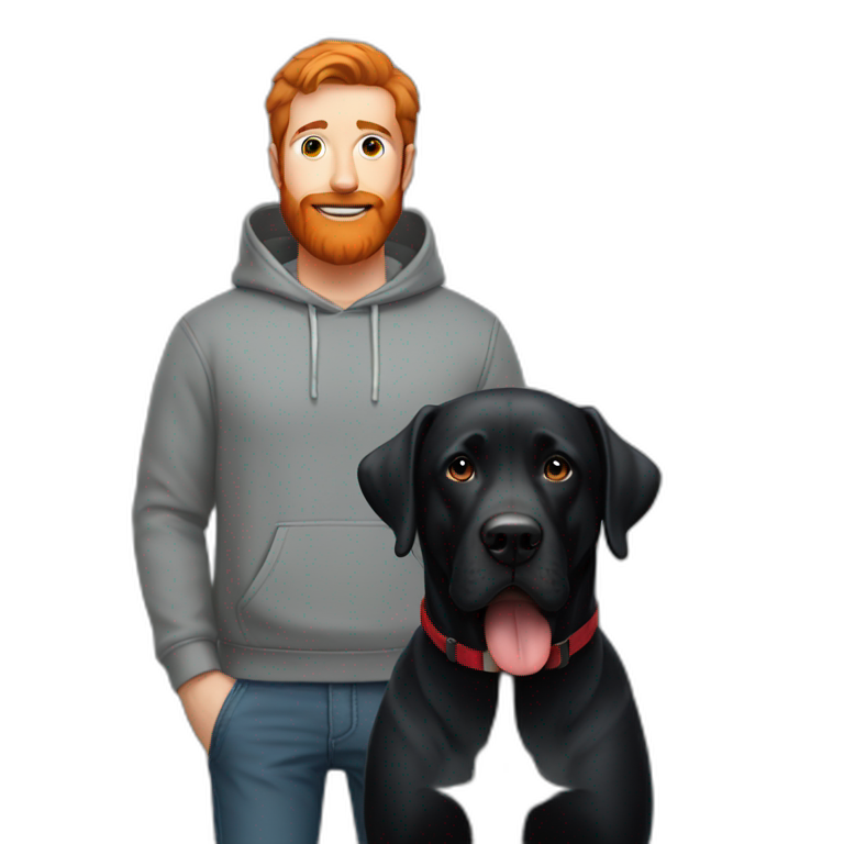 a man in a grey hoodie with a red beard, standing next to a black Labrador emoji