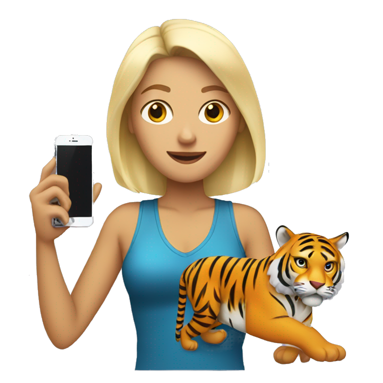 blonde woman with cell phone in her hand and a tiger on her side emoji
