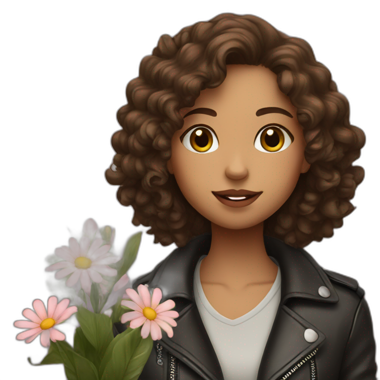Long brown curly haired girl in leather jacket dreams about flowers  emoji