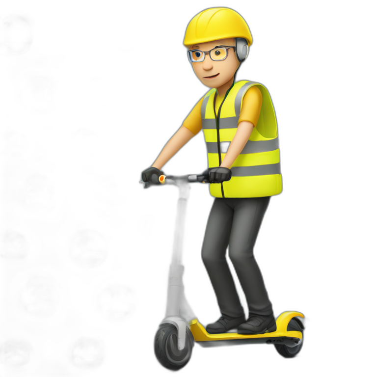 bald man with a yellow cycling helmet on a xiaomi e-scooter whearing a yellow safety vest emoji