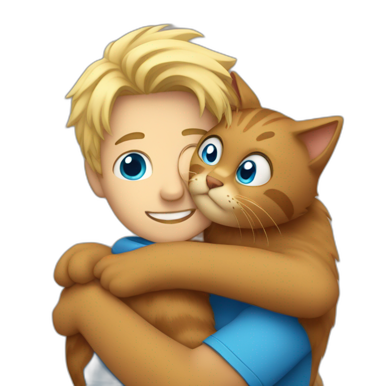 Blond Guy with blue eyes hugging big brown furry cat emoji