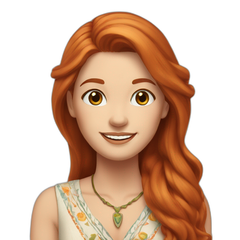 redhead white woman medium long straight hair, greets smiling, wearing boho dress emoji