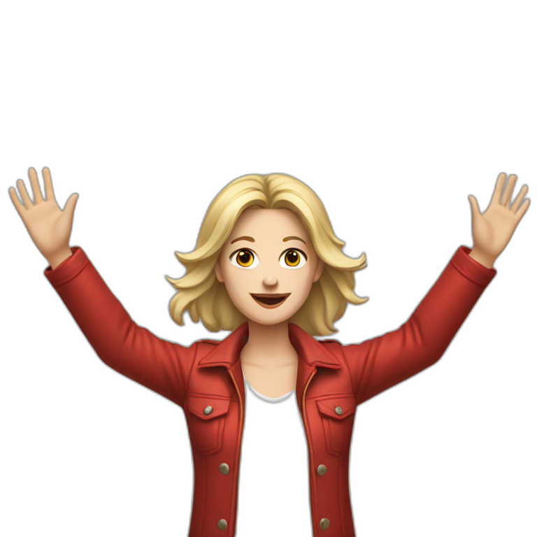 Young white woman, wearing white shirt and red jacket, both hands up  emoji