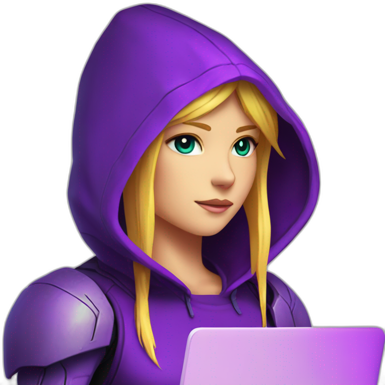 Girl developer behind his laptop with this style : Nintendo Samus Video game neon glowing bright purple character purlple black hooded hacker themed character emoji