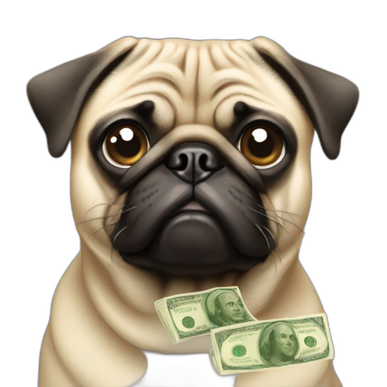Pug with money in his eyes emoji