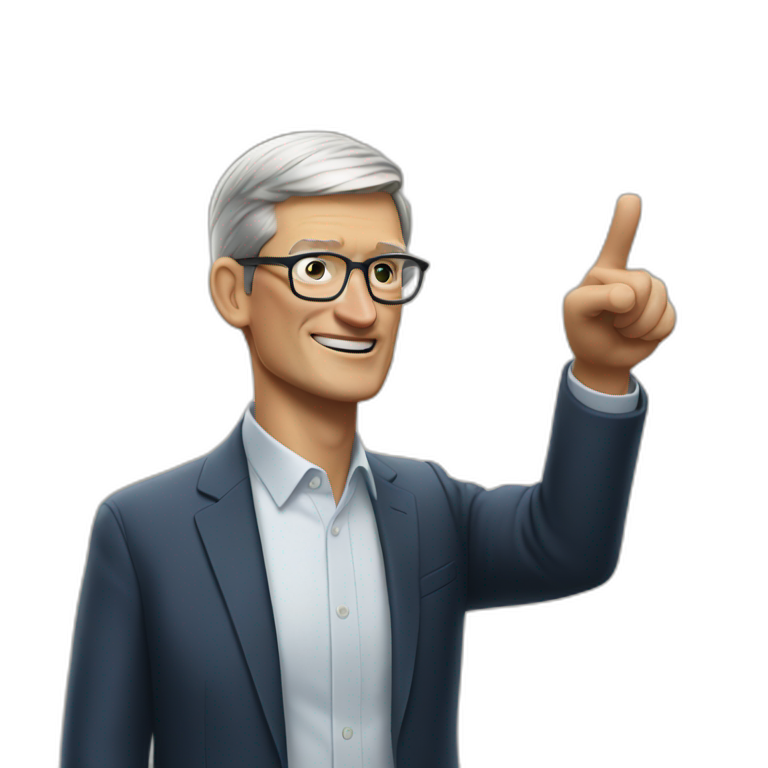Tim Cook looking left and pointing left emoji