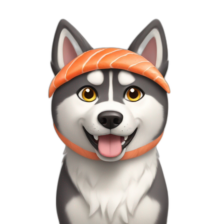 husky dog wearing a cat costume while eating salmon emoji