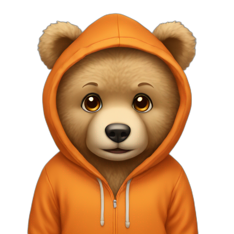 A cute beige teddy bear wearing an orange hoodie. His eyes are black emoji