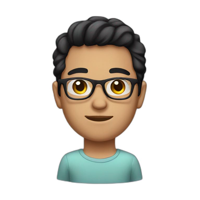 A fair young man with black eyes and black hair, glasses and a shirt emoji