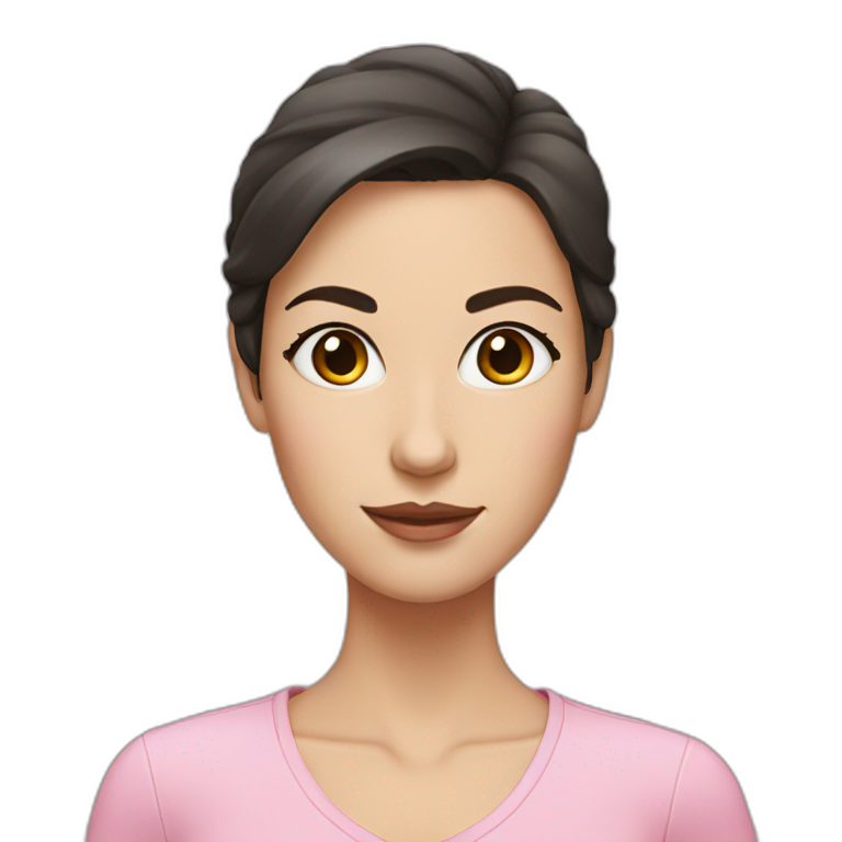 woman with dark brown hair and grey eyes in pink emoji