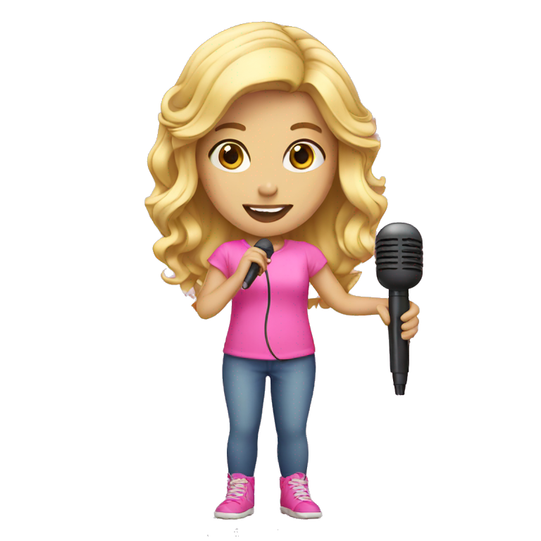 blonde girl wearing pink with a microphone emoji