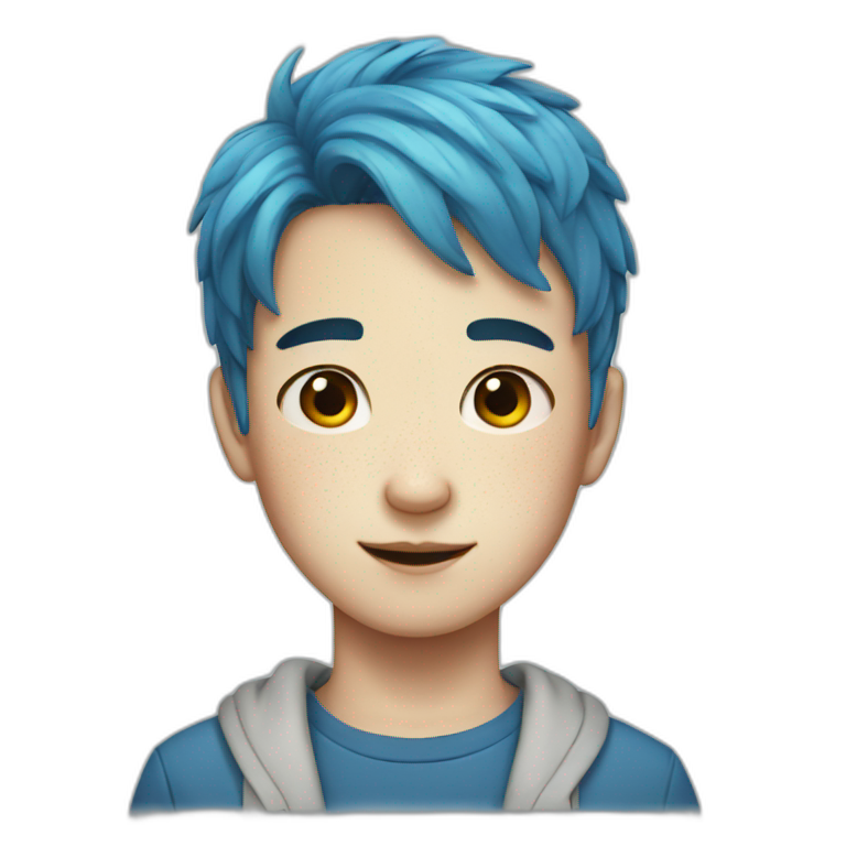 Boy with freckles, blue hair and korean  emoji