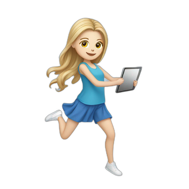 white girl holding tablet all body blue clothes and dancing emoji