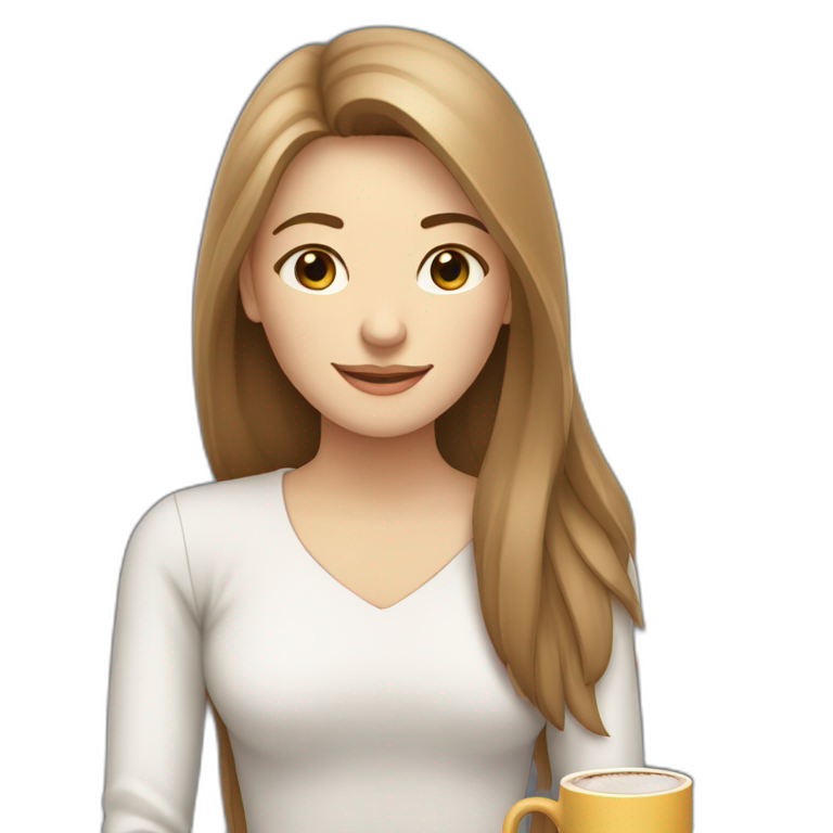 eyes closed smiling woman pale skin middle brown long straight hair with a closed laptop and a coffee mug emoji
