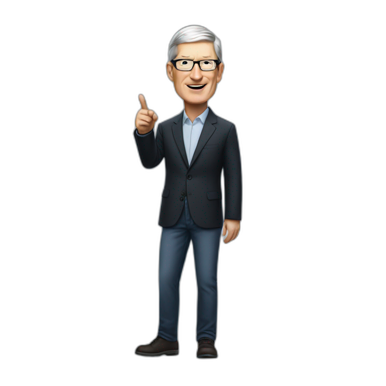 Tim Cook looking right and pointing right emoji