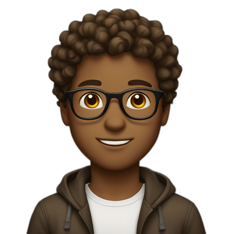 brown with curly hair boy, with glasses. and white skin emoji