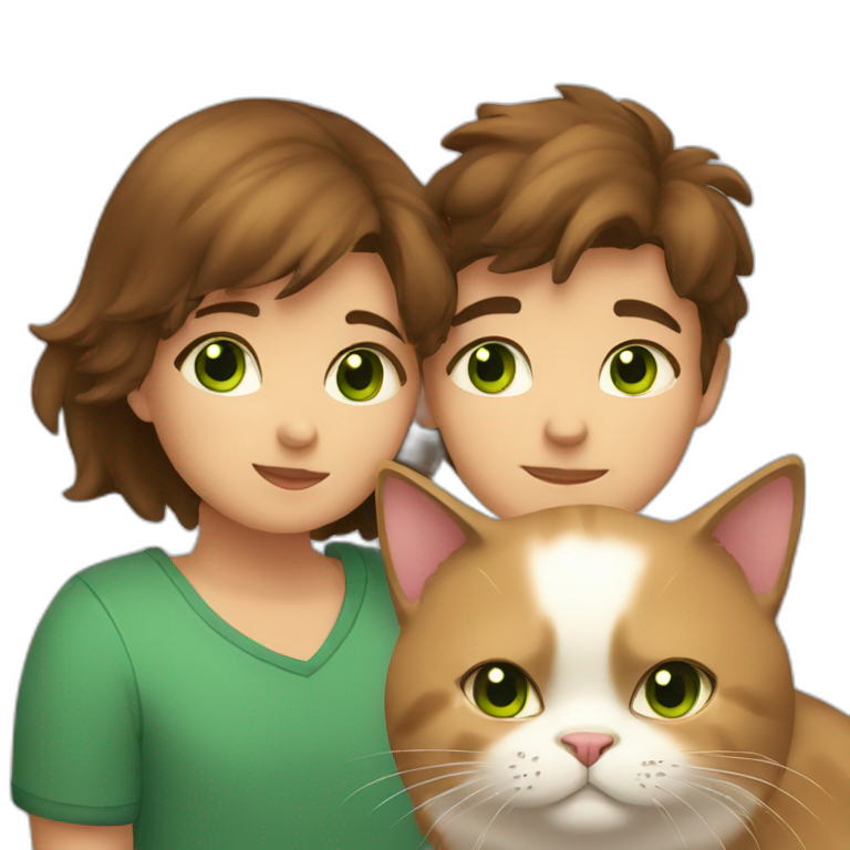 Girl with brown eyes and brown short hair kisses boy with long brown hair and green eyes and hugs brown fat cats emoji