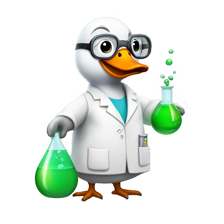 Goose wearing chemistry lab coat goggles and has flask with chemicals emoji
