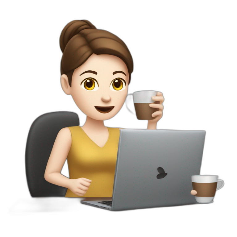 woman with pale skin and brown hair behind a computer juggling with coffee cups emoji