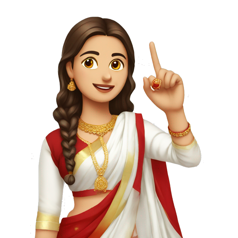 A young woman with complete white kurti red dupatta showing 1 finger emoji