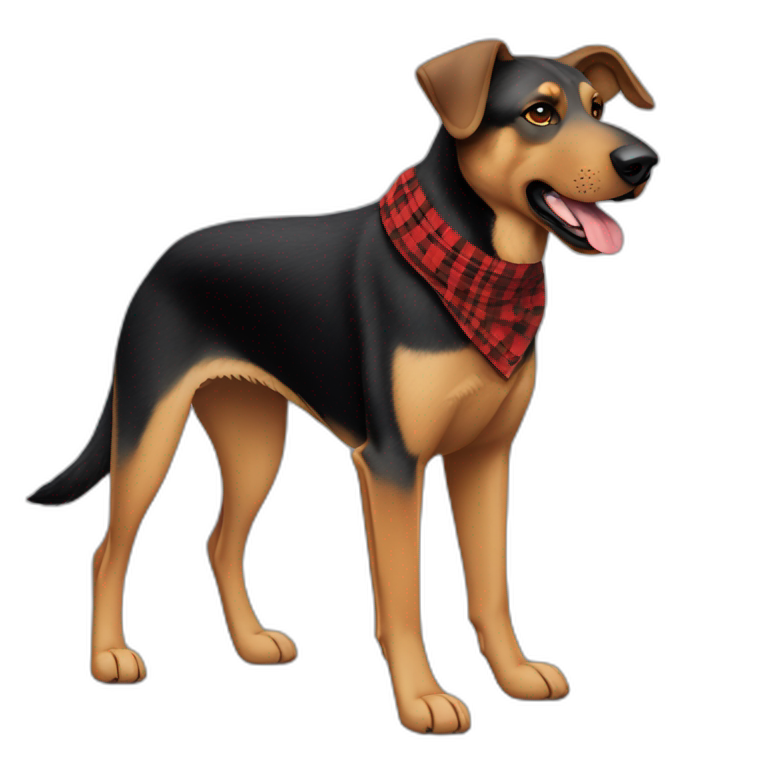 75% Coonhound 25% German Shepherd mix dog wearing small pointed red buffalo plaid bandana pointing down side view full body facing left emoji
