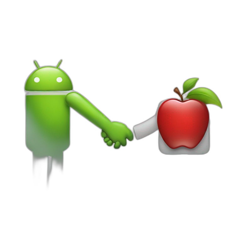 Android Logo holding hands with Apple Logo emoji