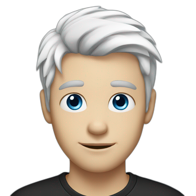 A young man with a white hair and blue eyes, with a black t-shirt emoji