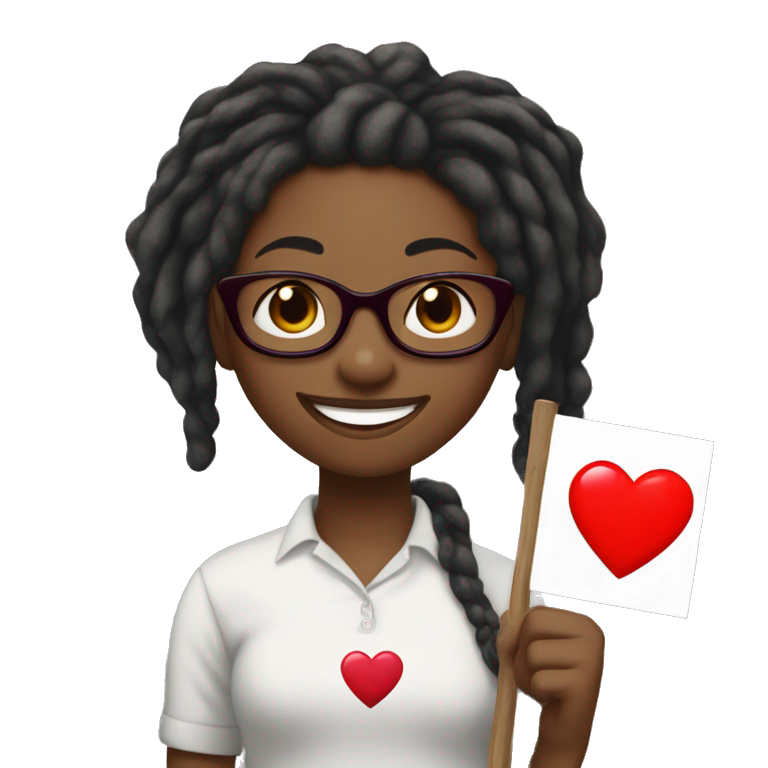Black girl with red medium length dreadlocks holding a sign that says “Flanagan” with a red heart on the sign underneath the word, the girl is also smiling and is wearing glasses  emoji