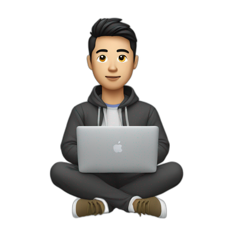 Millennial Asian man in athleisure coding on Macbook emoji