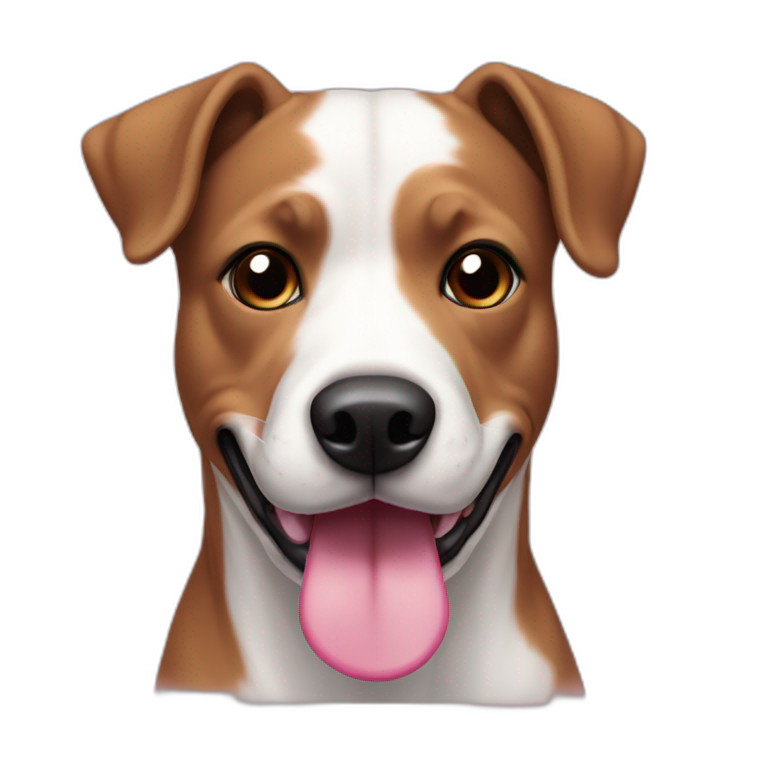 Dog, pit mix, black face with pink nose spots, brown eyes, white spot on top of snout, pink tongue, white chest emoji