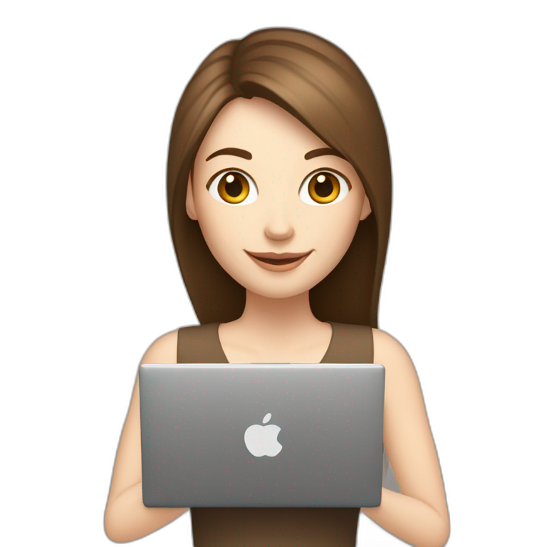 Smiling pale skin woman with middle brown straight hair holding a laptop and a coffee mug on her right hand not full body shot emoji