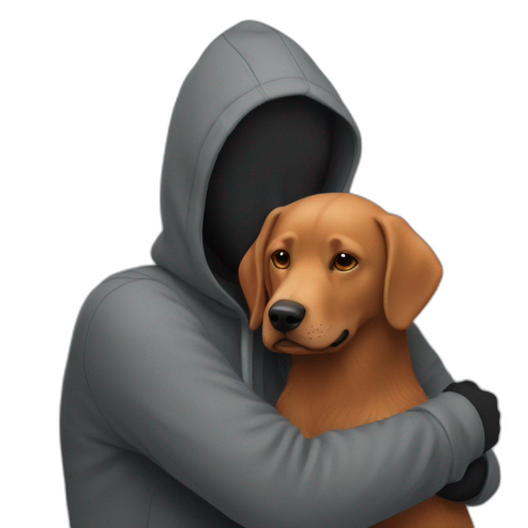 a slender man wear grey hoodie with and have a red beard hugging a black Labrador emoji