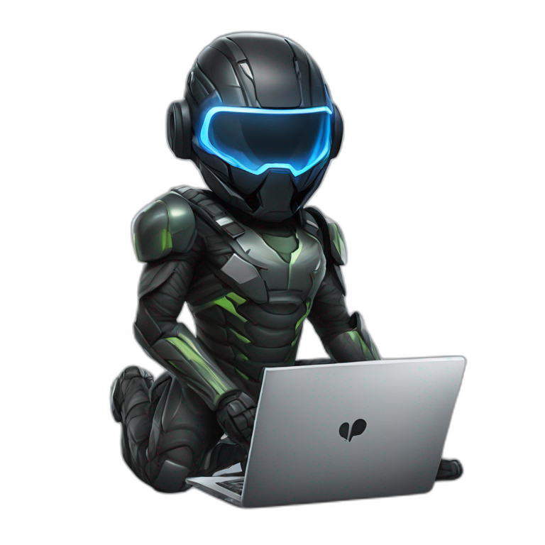 Boy developer behind his laptop with this style : Crytek Crysis Video game with nanosuit character hacker themed character emoji