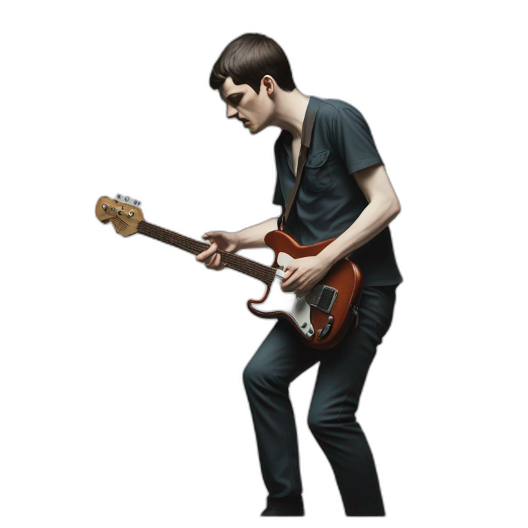 photo realistic Ian Curtis, standing, playing electric guitar, full body view emoji