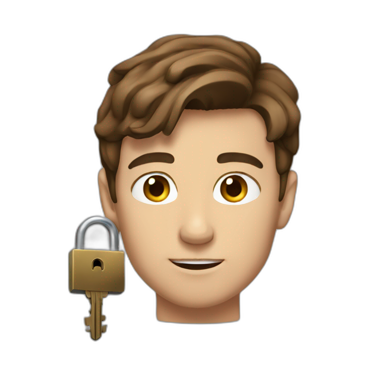 Classy young man brown-haired, struggling to fit a key into a lock. emoji