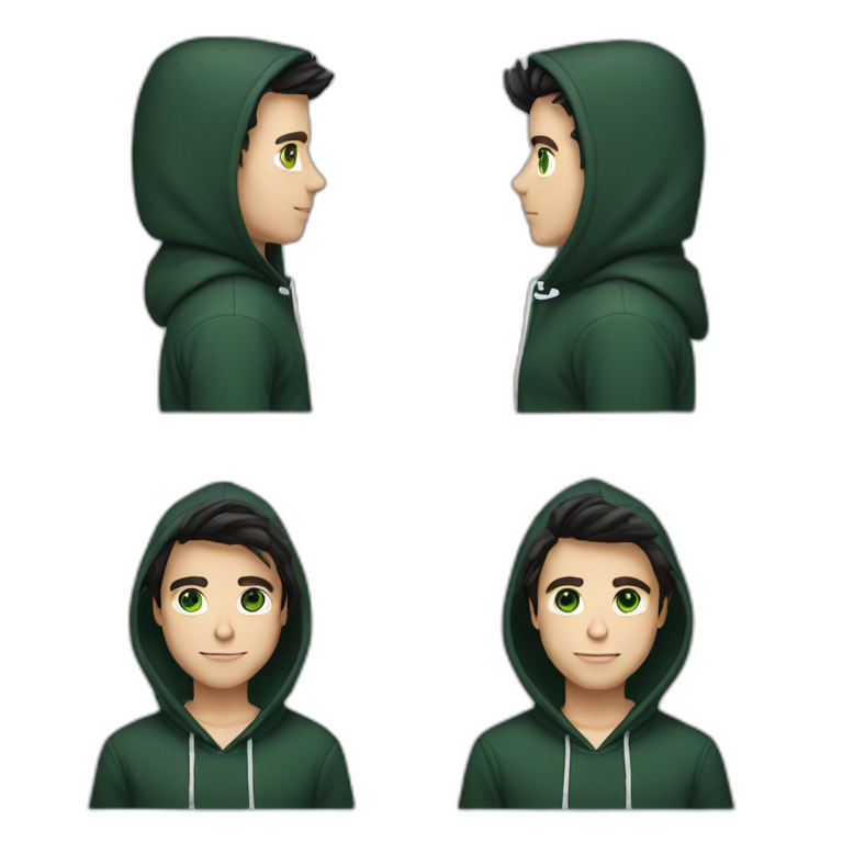 profile white male heart face dirty black tapered hair with dark green eyes and hoodie emoji