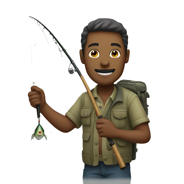 man holding fishing rod hooked with fish emoji