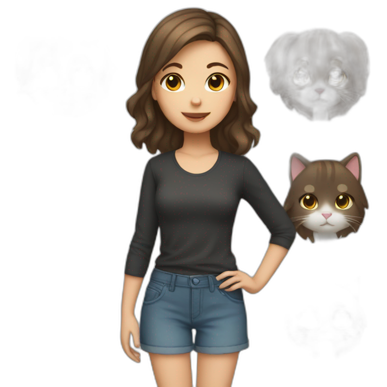 Girl with brown shoulder length hair and a cat emoji