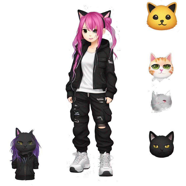 Edgy beautiful pretty anime punk tomboy with cat ears techwear cargo pants hoodie emoji