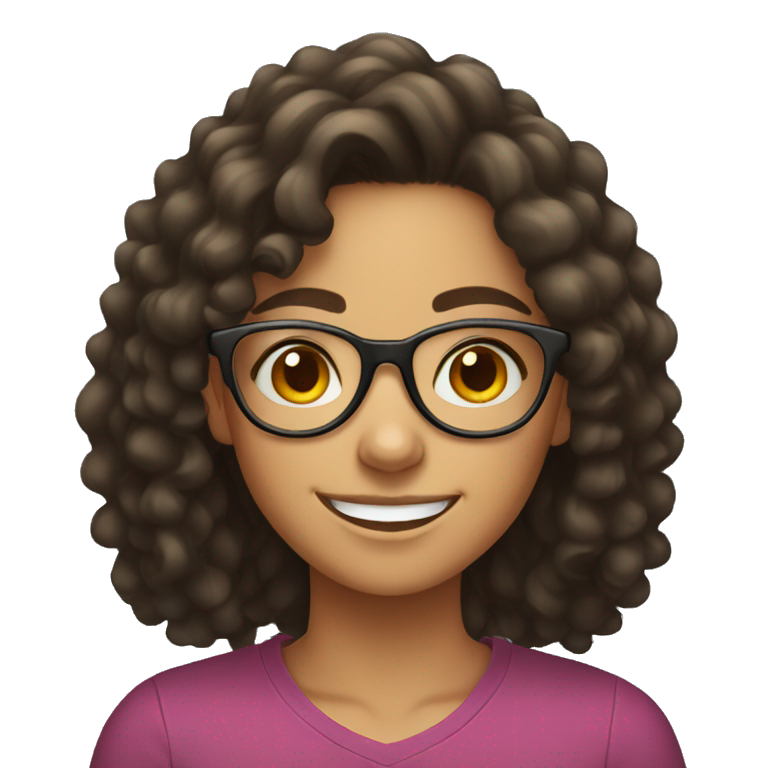 smiling brown teenager girl with long black curly hair and round glasses emoji
