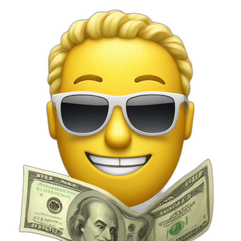 Yellow emoji with sunglasses and holding a 100 dollar bill  emoji