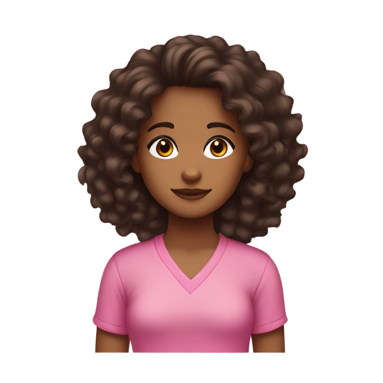 A brown girl with dark brown curly long hair and brown eyes and pink shirt emoji