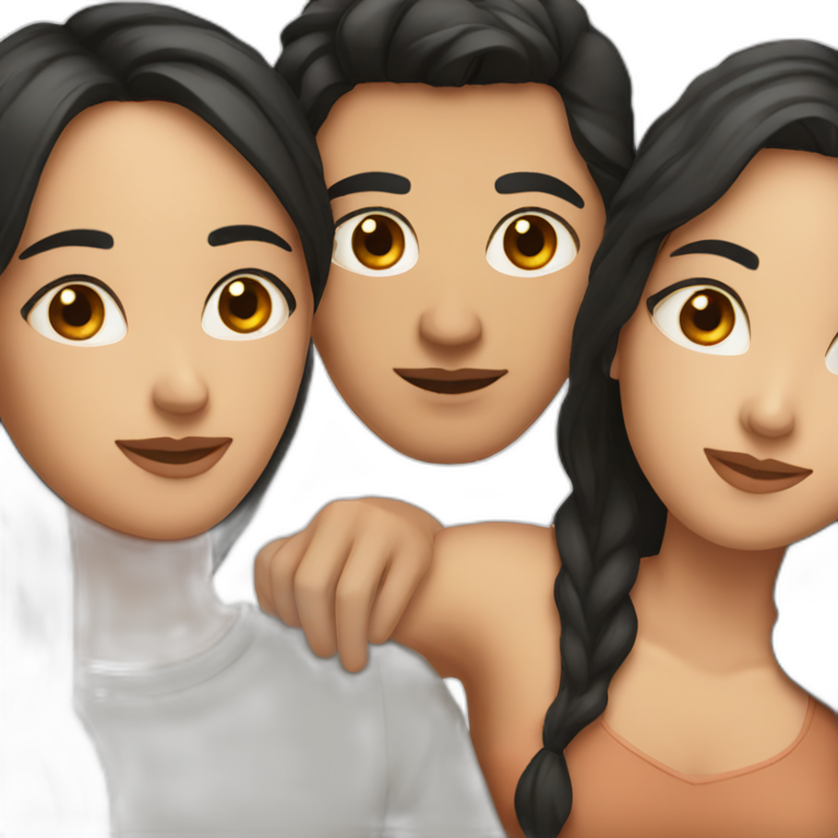 couple of woman with black hair and man with brown hair in love emoji